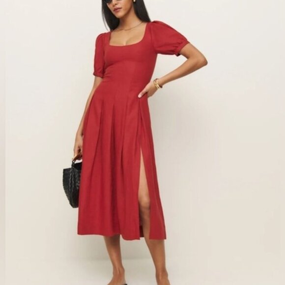NEW Reformation Coucou Midi Linen Dress Sundried Tomato Red | US 2 UK 6 - Picture 1 of 15